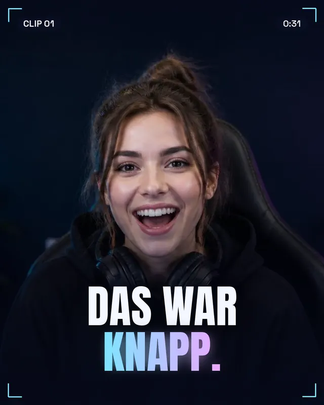 Clip-Cover mit lachender Streamerin und Titel „Das war knapp.“