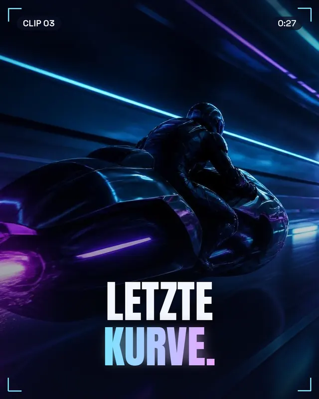 Clip-Cover mit Schwebe-Motorrad im Neontunnel und Titel „Letzte Kurve.“