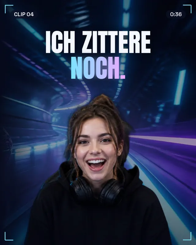Clip-Cover mit freigestellter Streamerin vor Neontunnel und Titel „Ich zittere noch.“