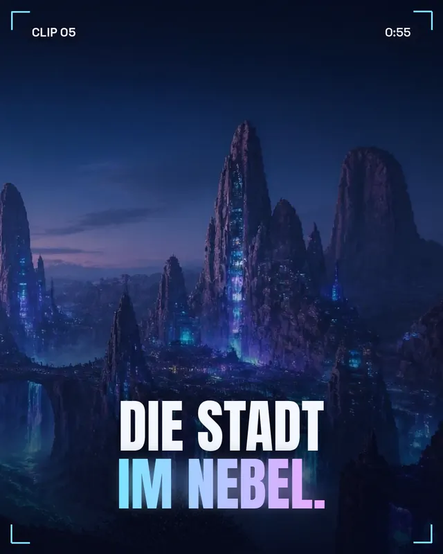 Clip-Cover mit leuchtender Felsenstadt und Titel „Die Stadt im Nebel.“