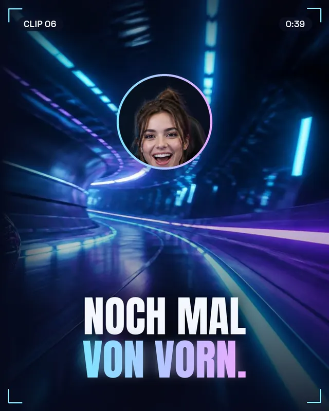 Clip-Cover mit Neontunnel, runder Webcam und Titel „Noch mal von vorn.“