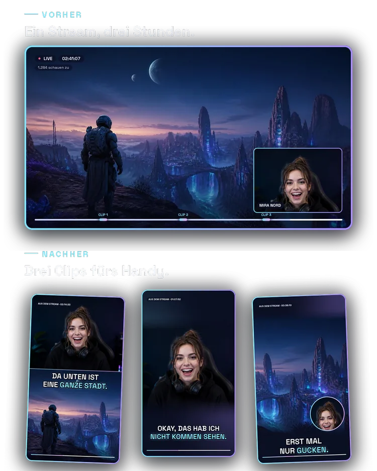 Aus einem Gaming-Stream werden drei Hochformat-Clips mit Untertiteln.
