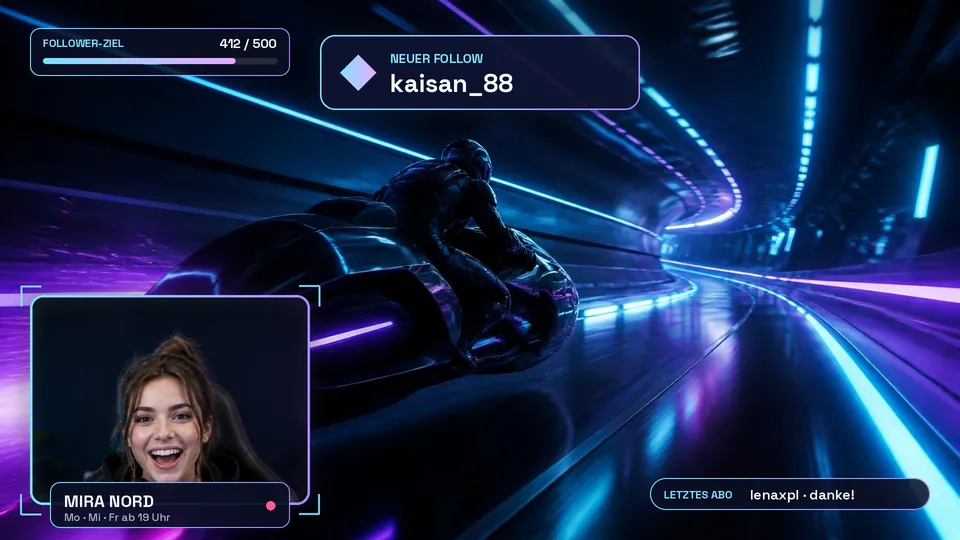 Stream-Overlay mit Webcam-Rahmen, Follow-Hinweis und Follower-Ziel über einer Rennspiel-Szene.