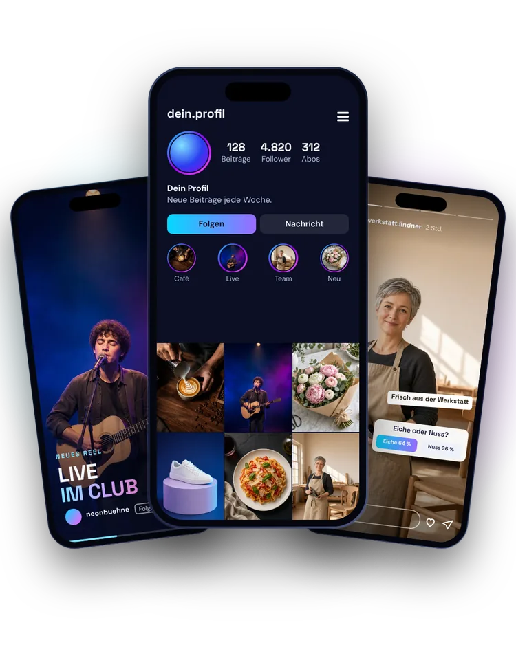 Drei Smartphones mit Beispielinhalten: ein Reel-Cover mit Musiker auf der Bühne, ein Profil mit Beitragsraster und eine Story mit Umfrage aus einer Tischlerei.