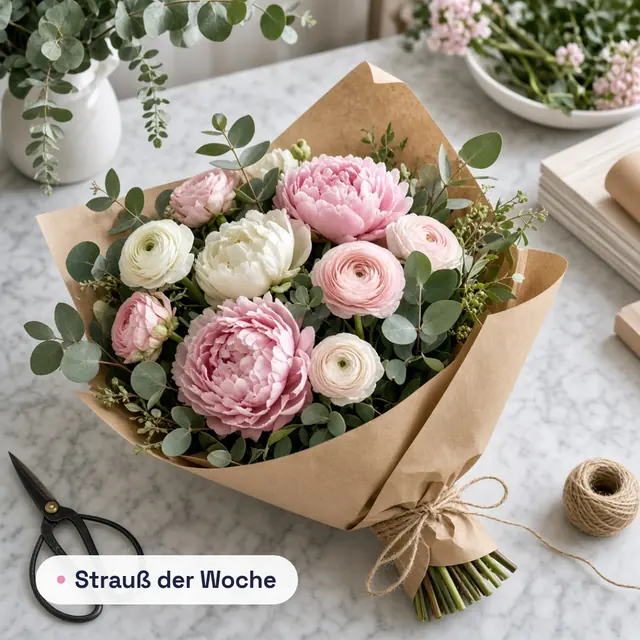 Beitrag eines Blumenladens: Strauß aus Pfingstrosen in Packpapier, Text „Strauß der Woche“.