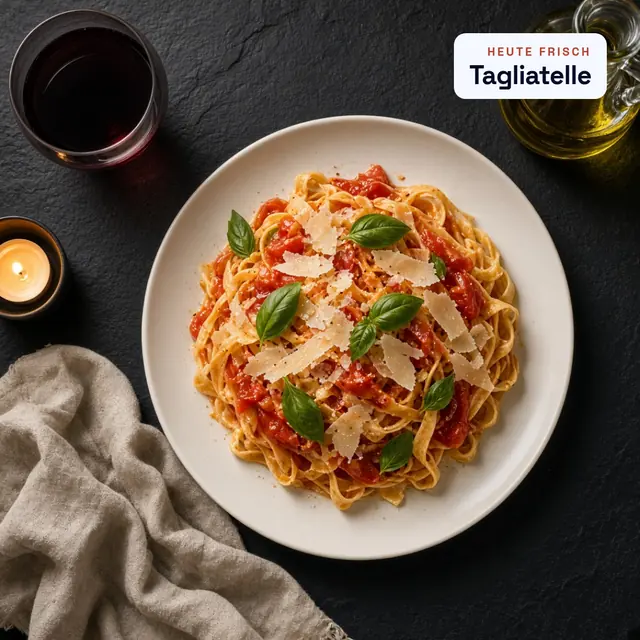 Beitrag einer Trattoria: Teller Tagliatelle mit Tomate und Basilikum, Text „Heute frisch“.