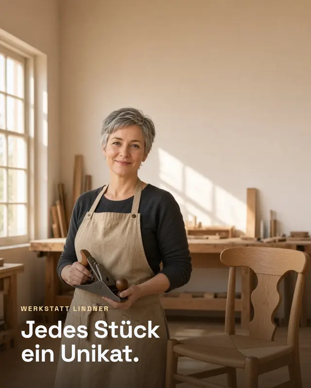 Beitrag einer Tischlerei: Tischlerin mit Hobel neben einem Eichenstuhl, Text „Jedes Stück ein Unikat.“