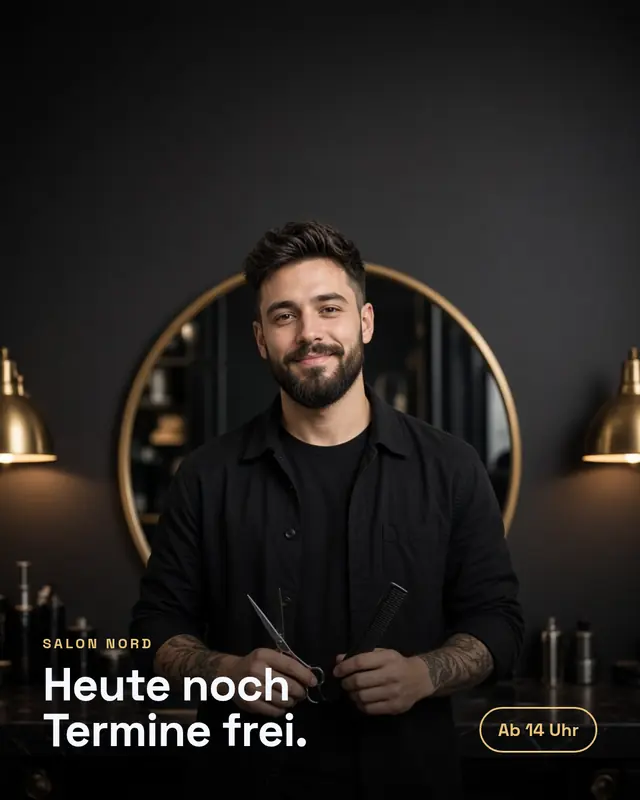 Beitrag eines Friseursalons: Friseur mit Schere und Kamm, Text „Heute noch Termine frei. Ab 14 Uhr“.