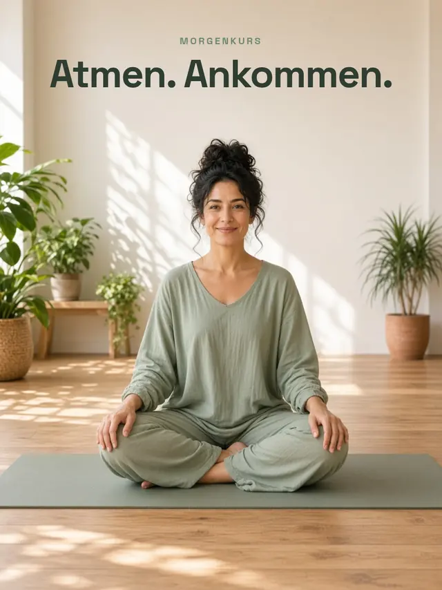 Beitrag eines Yogastudios: Lehrerin im Schneidersitz in hellem Raum, Text „Atmen. Ankommen.“