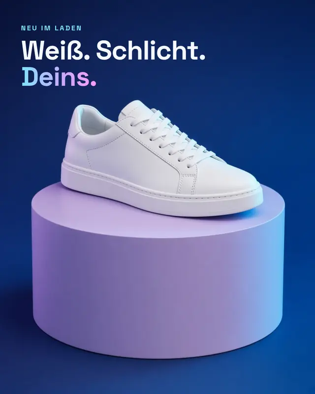 Beitrag eines Modeladens: weißer Sneaker auf violettem Podest, Text „Weiß. Schlicht. Deins.“